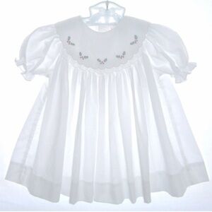Petit Ami White Smocked Bishop Dress with Holly embroidered portrait collar